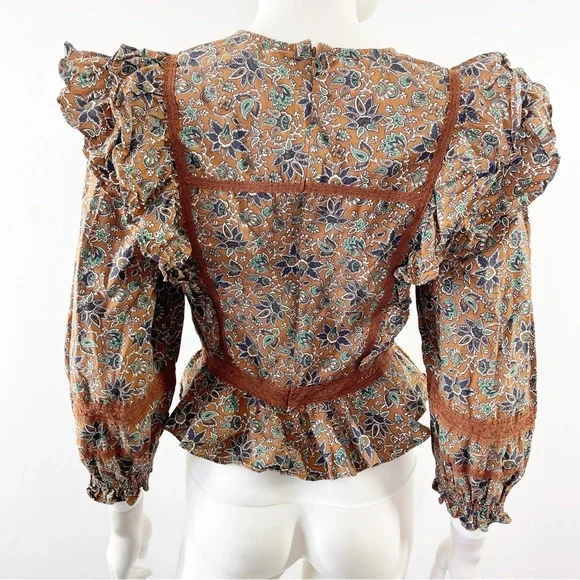 Veronica Beard Long Sleeve Floral WESLAYAN Ruffle Blouse in Cinnamon Brown Sz 2 - Picture 10 of 13